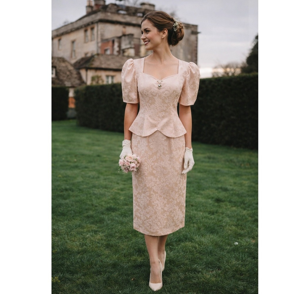 Vintage Scott McClintock Blush Jacquard Peplum Dress Set 80s Romantic Size 8